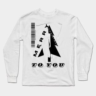 Merry Christmas black Christmas tree and silhouette of a woman with a barcode in a minimalist black and white composition Long Sleeve T-Shirt